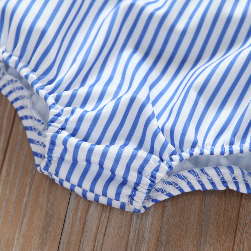 Venta al por mayor Traje de baño de poliéster con volantes a rayas para niños